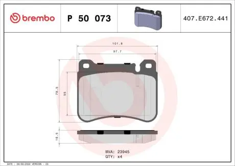 P50073 Гальмівні колодки, дискове гальмо (набір) BREMBO підбір по vin на Brocar