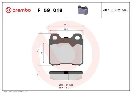 P59018 Гальмівні колодки, дискове гальмо (набір) BREMBO підбір по vin на Brocar