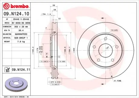 09N12411 Диск гальмівний FREEMONT G.VOYAGER 12- њr.302mm BREMBO підбір по vin на Brocar