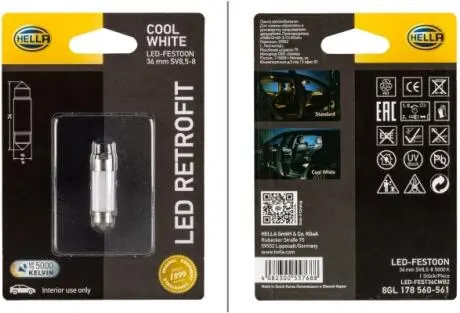 8GL178560561 Лампа LED RETROFIT светодиодная, 12V, SV8.5-8 1W 36MM 5000K 35lm (одиночный блистер) HELLA подбор по vin на Brocar