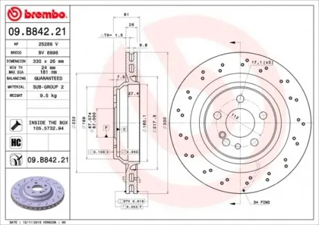09B84221 Гальмівний диск BREMBO підбір по vin на Brocar