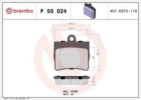 P50024 Гальмівні колодки, дискове гальмо (набір) BREMBO підбір по vin на Brocar