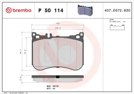 P50114 Гальмівні колодки дискові BREMBO підбір по vin на Brocar