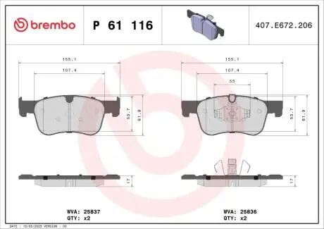 P61116 Тормозные колодки к-кт. BREMBO подбор по vin на Brocar