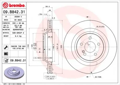 09B84231 Диск тормозной Re MB (C216/ R230) окраш. 03- BREMBO підбір по vin на Brocar