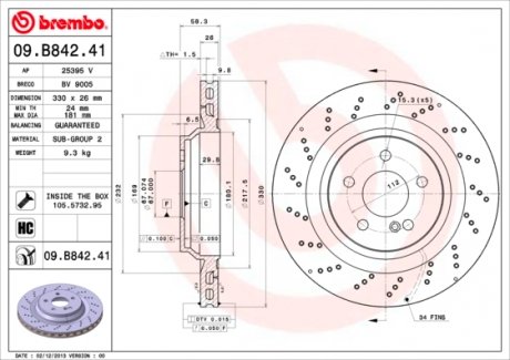 09B84241 Диск тормозной задн, MERCEDES-BENZ: SL 55 AMG/55 AMG/55 AMG Kompressor/63AMG 01-12 BREMBO підбір по vin на Brocar