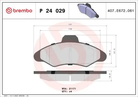 P24029 Комплект тормозных колодок, дисковый тормоз BREMBO подбор по vin на Brocar