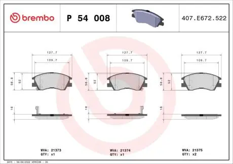 P54008 Гальмівні колодки, дискове гальмо (набір) BREMBO підбір по vin на Brocar