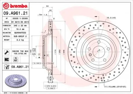 09A96121 Гальмівний диск BREMBO підбір по vin на Brocar