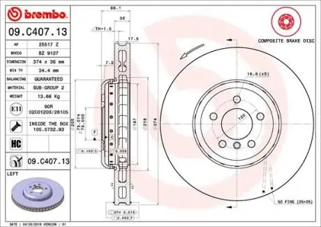 09C40713 Диск гальмівний BMW F10,11 /L /2-elementowa,kompozytowa/ BREMBO підбір по vin на Brocar