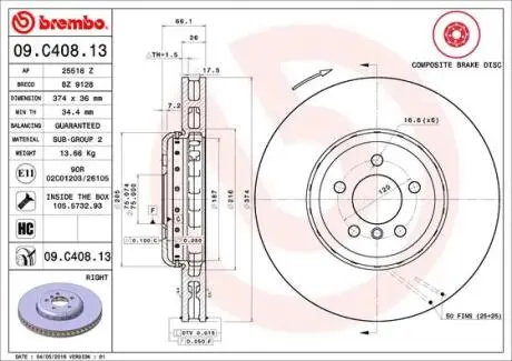 09C40813 Тормозной диск BREMBO подбор по vin на Brocar