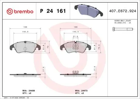 P24161 Тормозные колодки дисковые BREMBO подбор по vin на Brocar