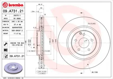 09A73121 Диск гальмівний MERCEDES C W203 BREMBO підбір по vin на Brocar