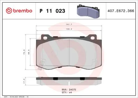 P11023 Гальмівні колодки, дискове гальмо (набір) BREMBO підбір по vin на Brocar