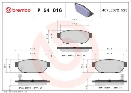 P54016 Гальмівні колодки, дискове гальмо (набір) BREMBO підбір по vin на Brocar