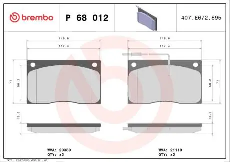 P68012 Комплект тормозных колодок, дисковый тормоз BREMBO підбір по vin на Brocar