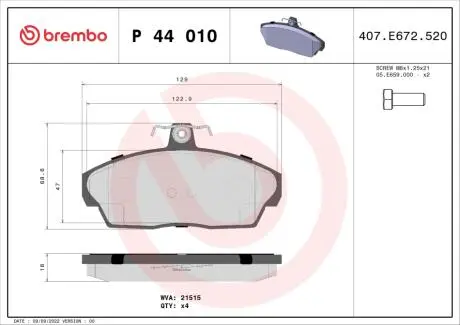 P44010 Гальмівні колодки, дискове гальмо (набір) BREMBO підбір по vin на Brocar