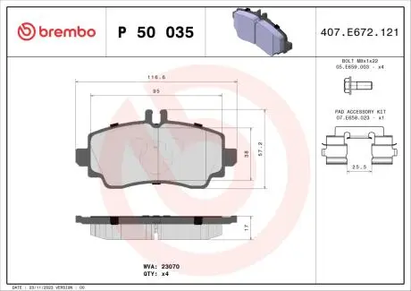 P50035 Гальмівні колодки, дискове гальмо (набір) BREMBO підбір по vin на Brocar