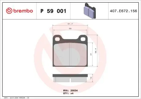 P59001 Гальмівні колодки, дискове гальмо (набір) BREMBO підбір по vin на Brocar