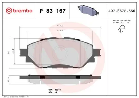 P83167 Колодки тормозные передние (Advics) TOYOTA FORTUNER (_N15_, _N16_) 05/15-&gt;/TOYOTA HILUX VIII Pick-up BREMBO підбір по vin на Brocar