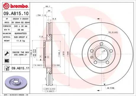 09A81511 Тормозной диск BREMBO підбір по vin на Brocar
