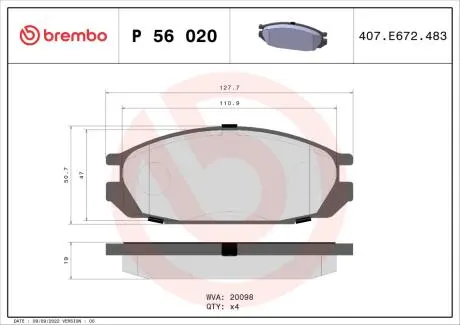 P56020 Комплект тормозных колодок, дисковый тормоз BREMBO підбір по vin на Brocar