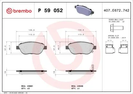 P59052 Гальмівні колодки, дискове гальмо (набір) BREMBO підбір по vin на Brocar