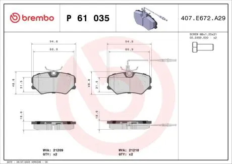P61035 Гальмівні колодки дискові BREMBO підбір по vin на Brocar
