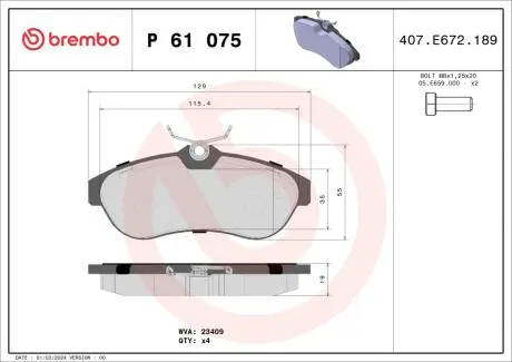 P61075 Гальмівні колодки, дискове гальмо (набір) BREMBO підбір по vin на Brocar