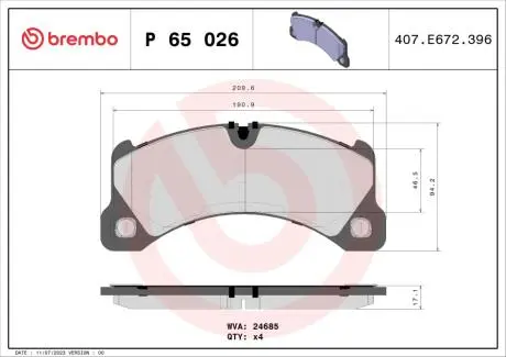P65026 Комплект тормозных колодок, дисковый тормоз BREMBO підбір по vin на Brocar