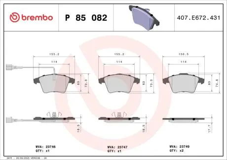 P85082 Гальмівні колодки, дискове гальмо (набір) BREMBO підбір по vin на Brocar