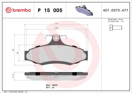 P15005 Тормозные колодки дисковые BREMBO підбір по vin на Brocar
