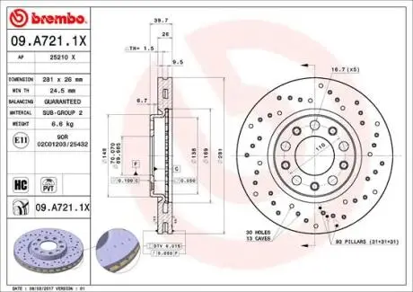 09A7211X Тормозной диск BREMBO подбор по vin на Brocar