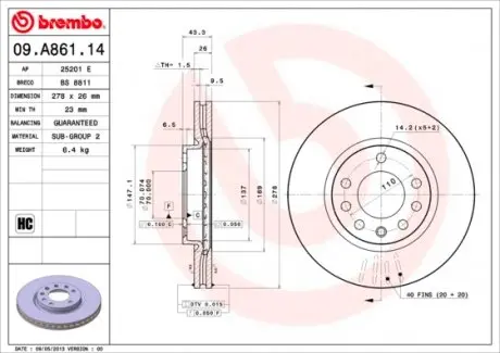 09A86114 Гальмівний диск BREMBO підбір по vin на Brocar