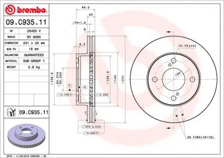09C93511 Гальмівний диск BREMBO підбір по vin на Brocar