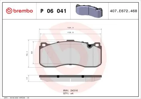 P06041 Гальмівні колодки, дискове гальмо (набір) BREMBO підбір по vin на Brocar