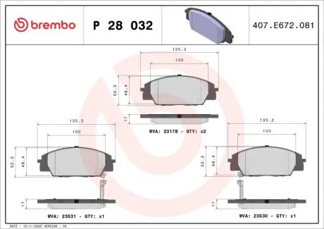 P28032 Гальмівні колодки дискові BREMBO підбір по vin на Brocar