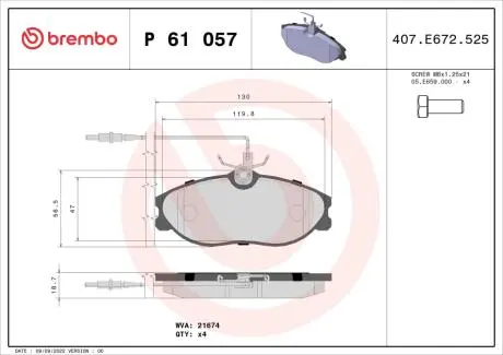 P61057 Гальмівні колодки, дискове гальмо (набір) BREMBO підбір по vin на Brocar