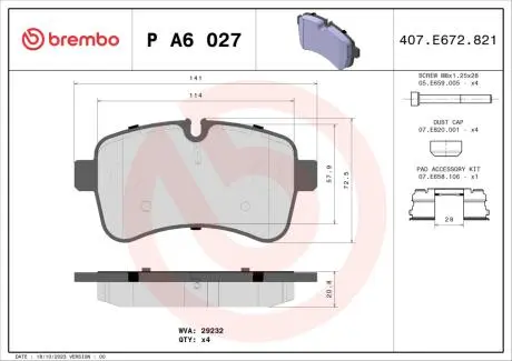 PA6027 Гальмівні колодки, дискове гальмо (набір) BREMBO підбір по vin на Brocar