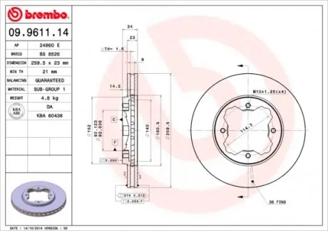 09961114 Тормозной диск BREMBO підбір по vin на Brocar