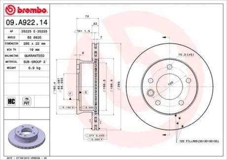 09A92214 Тормозной диск BREMBO підбір по vin на Brocar