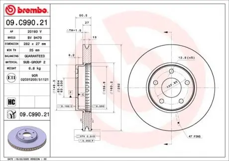 09C99021 Гальмівний диск BREMBO підбір по vin на Brocar