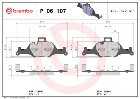 P06107 Колодки гальмівні, дискові BREMBO підбір по vin на Brocar
