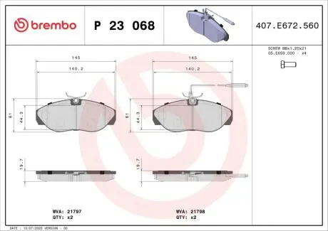 P23068 Гальмівні колодки, дискове гальмо (набір) BREMBO підбір по vin на Brocar