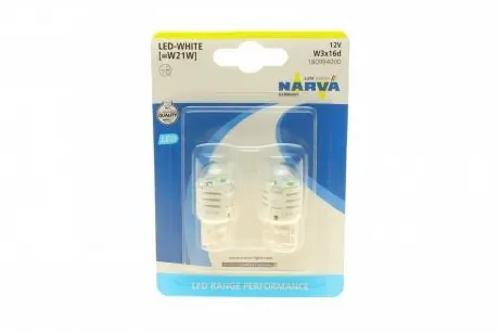 180994000 Автолампа W21W 12V 21W W3x16d (LED) (біла) (к-кт 2шт) NARVA підбір по vin на Brocar