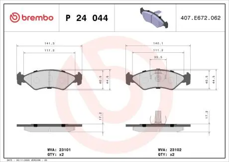 P24044 Гальмівні колодки, дискове гальмо (набір) BREMBO підбір по vin на Brocar