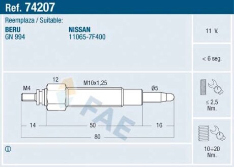 74207 Свеча накаливания FAE підбір по vin на Brocar