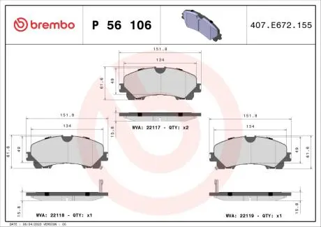 P56106 Гальмівні колодки к-кт. BREMBO підбір по vin на Brocar