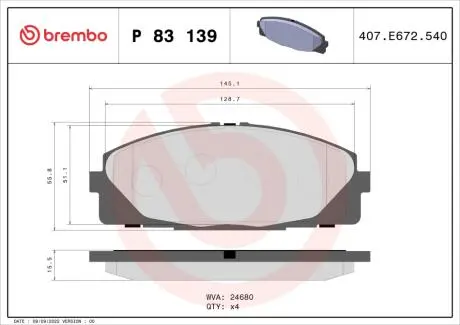 P83139 Комплект гальмівних колодок, дискове гальмо BREMBO підбір по vin на Brocar