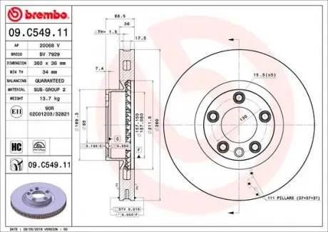 09C54911 Гальмівний диск BREMBO підбір по vin на Brocar